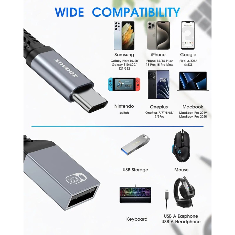 ZOOAUX USB C to USB OTG Adapter and Charger Cable,