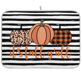 Kcldeci Autumn Dish Drying Mat for Kitchen Counter Dish Drying Pad Dish Mat, Black Stripe It's Fall Y'all Buffalo Plaid Drying Mat for Coffee Machine Dish Rack 16x18