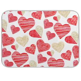 Red Gold Watercolor Hearts Love Dish Drying Mat 16x18 for Kitchen Valentine's Day Love Flowers Dishes Pad Dish Drainer Rack Mats Absorbent Fast Dry Kitchen Accessories