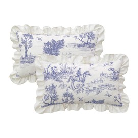 Rustic Throw Pillow Covers Set of 2 Classic French Village Printed Linen Fabric Decorative Pillow Cases Retro Ruffle Flounces Trim Rectangular Cushion Case for Livingroom Sofa Decor Blue 12 x 20 Inch