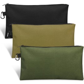 3 Pack Tool Bag Zipper Pouch, Premium Tool Pouch, Utility Multipurpose Storage Organizer Tool Pouches with Carabiner Metal Zipper for Tools, Stationary, Pencil Pouch (3 Pack, Tan, Navy Green, Black)
