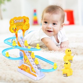 CEWROM Electric Duck Stair Climbing Toy, 12 Pieces Electric Duck Climbing on Stair Tracks and Slide Set, Educational Toy with Flashing Lights and Music On/Off Switch