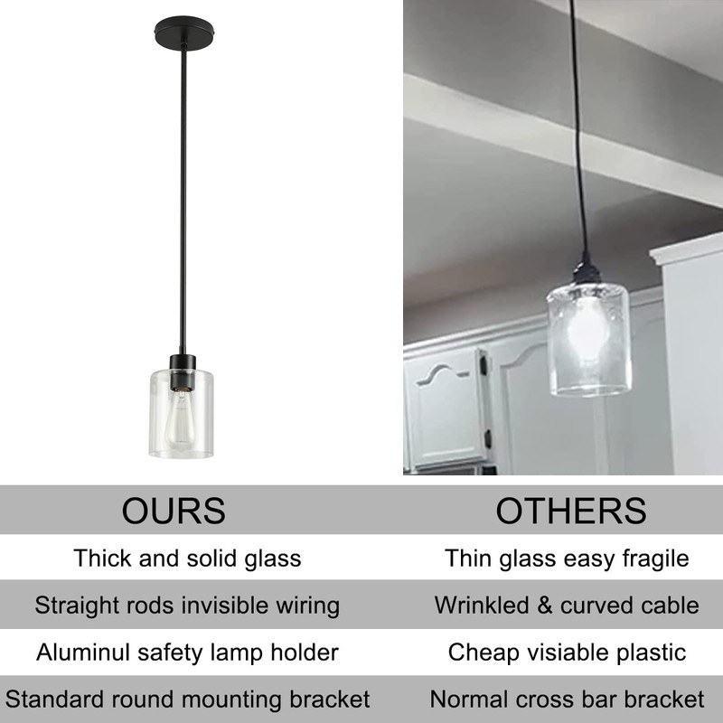 KLSS Black Pendant Lights Kitchen Island - Clear Glass Pendant