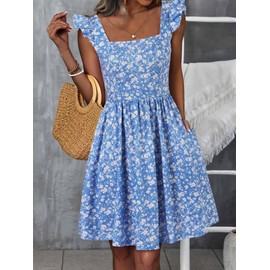 Loemes Spring Dresses for Women Cute Summer Dresses for Women Party Casual Blue Flowy Floral Sun Dresses for Women Teen Large Blue Floral