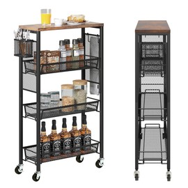 DWVO Slim Rolling Cart, 19.2''x 7.3''x 34.3'', 4-Tier Storage Rolling Cart, Narrow Cart with Handle, Metal Frame, for Kitchen, Dining Room, Laundry, Home Office, Rustic Brown and Black