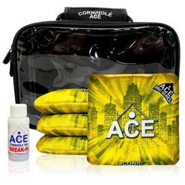 CornholeAce Iconic - Yellow - ACE Pro Bag Kit: 4 Bags + Break-in Kit + Carry Case - Professional Cornhole Bags Dual Sided Slick Stick