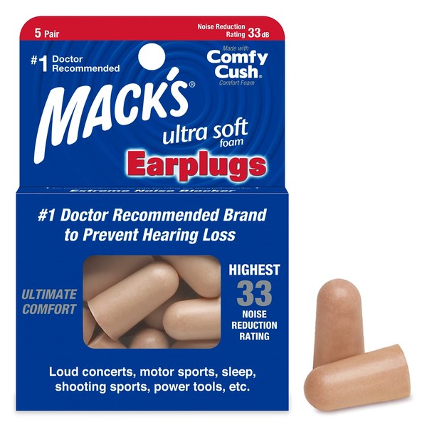 Mack's Ultra Soft Foam Earplugs, 5 Pair - 33dB Highest NRR, Comfortable Ear Plugs for Sleeping, Snoring, Travel, Concerts, Studying, Loud Noise, Work