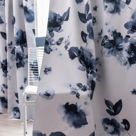 Taisier Home 45 Inch Grommet Room Darkening Window Curtain Drapes, Chinese Traditional Ink Painting Stylized Leaves and Flower,Artwork,Deep Blue Print Curtains for Living Room Bedroom and Nursery