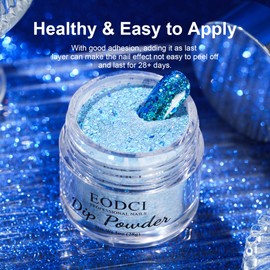 EODCI 28g/Box Dip Powder Holographic Glitter, Blue Dip Powder Nails Dipping Nails for French Nail Art Manicure DIY Salon, Long Lasting Nails, No UV Light Required