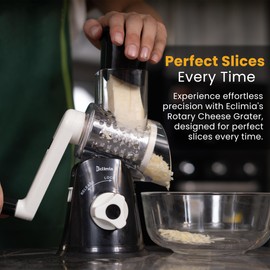 ECLIMIA Rotary Cheese Grater – Hand Crank Cheese Shredder with 3 Blades, Strong Suction Base, Peeler, and Cleaning Brush – Salad Shooter, Vegetable Grater, Food Shredder