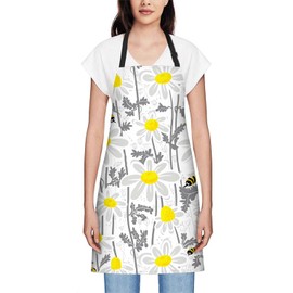 oFloral Bees and Chamomile Apron Unisex Adjustable Bib Apron Cooking Kitchen Chef Women Men Aprons for Home Kitchen, Restaurant,Coffee House,Shop,Garden