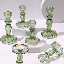 Simeitol Green Candlestick Holders Set of 6, Taper Candle Holders, 4.3" H & 6.3" H Glass Candle Holder for Candlesticks & Pillar Candles, Candle Holder for Wedding and Dining Table Decor