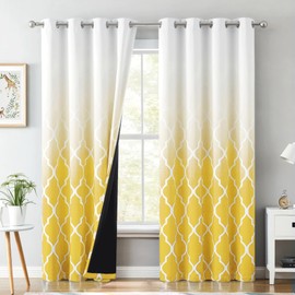 Metro Parlor Ombre Full Blackout Curtains 84 Inches Long 2 Panels for Living Room Bedroom Yellow White Moroccan Geo Patterned Room Darkening Thermal Insulated Grommet Top Window Treatment Drapes,52x84