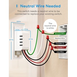 3 Way Smart Switch, Meross Smart Light Switch Supports Apple HomeKit, Siri, Alexa, Google Assistant & SmartThings, 2.4GHz WiFi Light Switch Neutral Wire Required, Remote Control Timer 1 Pack