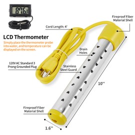 Portable Immersion Water Heater with Stainless Steel Cover, Quick Heating Immersion Heater with LCD Thermometer, Anti-scalding Bucket Heater for Indoor & Outdoor, Yellow & Black