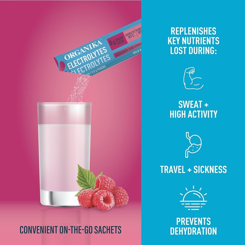 Organika Electrolytes Powder- Wild Raspberry Sachets- On the Go Hydration