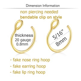 QWALIT Fake Lip & Nose Ring Set - Gold Hoop & Snake Bites Clip On Piercings