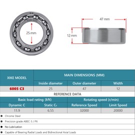 XiKe 2 x 6005 C3 ball bearings, 25 x 47 x 12 mm, open construction and chrome steel, suitable for DIY, car, motorcycle, ATV, transmission, engine, CNC, industry, agriculture and garden tools.