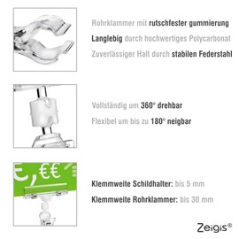 Pack of 10 Transparent Pipe Clips with Price Label Holder - Adjustable with Ball Joint - For Round Tubes up to 30 mm Diameter - Ideal for Bicycle Handlebars, Motorcycles, Lawnmowers - Price Labelling