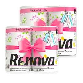 Renova Design Spring Limited Edition Toilet Paper Floral & Colorful Illustrations 2 Packs of 4 Rolls White Paper 160 Sheets per Roll 18.40m Length FSC Certified Sustainable & Stylish