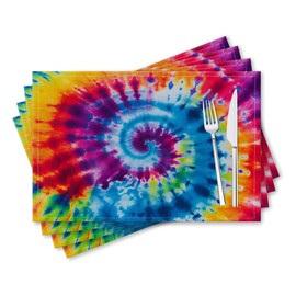Washable Placemats Set of 4 for Dining Table, Tie - Dye Design in Rainbow - Like Spiral Design on 12x18 Inch Cotton Linen, Easy-to-Clean Table Mats for Kitchen Decor