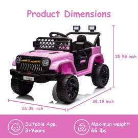 Hetoy 12V Ride on Truck Car Kids Power Wheels Vehicle w/Remote Control LED Light Music - Pink