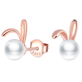 CPSLOVE Women's Pearl Earrings 925 Sterling Silver Cute Rabbit Pearl Stud Earrings for Girls Creative Fashion Jewellery, Sterling Silver, Pearl