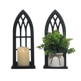 Birminwind Wall Candle Sconces for Pillar - Black Candle Holder for Wall Set of 2 - Gothic Wood Carved Shelf for Plant - Rustic Window Shape Decor for Bathroom Hallway Fireplace