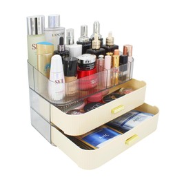Makeup Organizer with 2 Drawers, Cosmetics Organizer for Bedroom and Bathroom Vanity Countertops, Large Capacity Cosmetic Storage Box for Skincare Cream Perfume Lipstick Dresser Counter-White