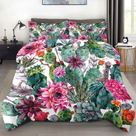 Pamnest Comforter Set Queen Size, Vintage Boho Cactus Soft Bedding for Kids and Adults, Succulent Flower Botanical Comforter Set with 2 Pillowcases for Bedroom Bed Decor