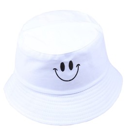 Bucket Hats Embroidered Smiley Face Hat Sunhat Fisherman Hat Beach Cap Cotton White