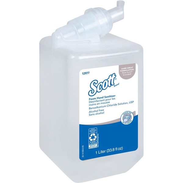 Scott Essential Alcohol Free Foam Hand Sanitizer (12977), Clear, Unscented, 1.0 L Cassette for Manual Dispenser, 6 / Case