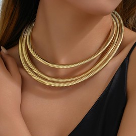 Yecomsy Chunky Snake Choker Necklace Triple Interlocking Snake Collar Necklace Vintage Gold Chain Layered Necklace Snake African Collar Exaggerated Necklace-Three Circle