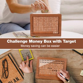 Wooden Money Box Money Bank, Countdown Money Saving Box with 3000 Dollars Target, Money Box with Money Target and Numbers to Check for Boys Girls (3000 USD)