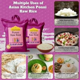 Asian Kitchen Ponni Raw Rice 10-Pound Bag, 10lbs (4.54kg) Short Grain Rice ~ All Natural | Gluten Friendly | Vegan | Indian Origin | Export Quality