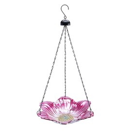 MUMTOP 12-inch Hanging Bird Bath Glass Bird Bath Outdoor Bird Feeder for Garden Decoration Pink Flower Pattern (Lace Shape)