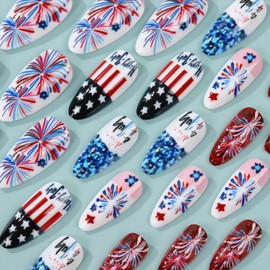 4th of July Press on Nails Long Almond Fake Nails with Design Patriotic Independence Day False Nail Glossy American Flag Glue on Nail for Women