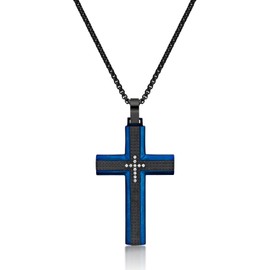 Metro Jewelry Cubic Zirconia Cross Pendant Necklace for Men in Stainless Steel with Black and Blue Ion Plating on Box Chain