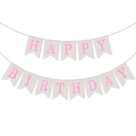 Burlap Happy Birthday Banner, 5x7 inches Pre-Strung Birthday Banner, Assembled Reusable Pink Happy Birthday Sign for Rustic Birthday Party Decorations