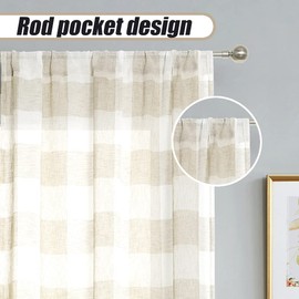 Amzdecor Tan Buffalo Plaid Curtains Linen Textured Sheer Panels Buffalo Check Plaid Rod Pocket Rustic Window Treatment Sets for Living Room Bedroom,2 Panels, 40''x63'', Tan/Beige