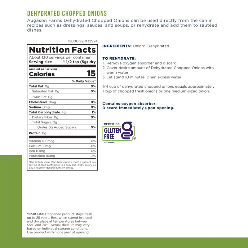 Augason Farms Dehydrated Chopped Onions Can, Emergency Food Supply, Everyday