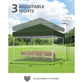 10x10 Pop Up Canopy with One Button Push Setup - Heavy Duty Outdoor Canopy Tent with Portable Roller Bag - 3 Adjustable Height, 4 Weight Bags, 8 Stakes & 4 Guy Ropes Included, Green