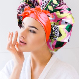 DONNA - Gorro de satén para dormir, tamaño grande, extragrande, ajustable, 1 diadema de satén alrededor de la línea del cabello y la zona de la nuca, accesorios para el cabello, gorro de ducha, patrón tribal