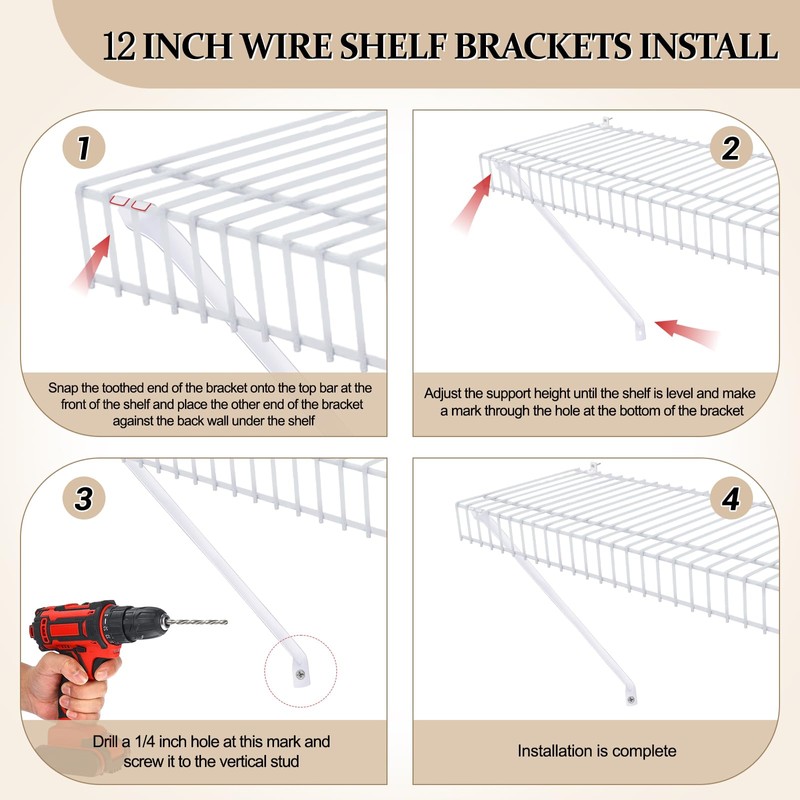 3-Pack 12-Inch Support Brackets for Wire Shelving Wire Shelf Brackets