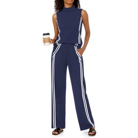 Casly Lamiit Two Piece Sets for Women Lounge Travel Outfits Casual Track Suit Sleeveless Tops Wide Leg Pant Summer Tennis Set Activewear Navy Blue M