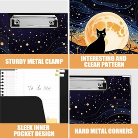 Black Cat Clipboard Folio with Storage Pocket for Office Classroom, Starry Night Moon and Star Black Cat Padfolio with Metal Clip for Nurses Students Women Men, 9.1x12.4 in