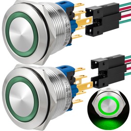 ZJWZJH 22mm Latching Push Button Switch 22mm 24V Power 1NO 1NC SPDT On Off Waterproof IP67 Stainless Steel with Wire UL Certified 7/8" 2-Pcs (Green, Latching,24V)