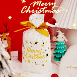 VIFOME Gold Christmas Bags,24 Pcs Gift Bags Santa Treat Bags Gold Xmas Party Favor Bags Plastic Drawstring Bags Candy Goodies Bags Gift Wrapping Bags Christmas Party Decoration