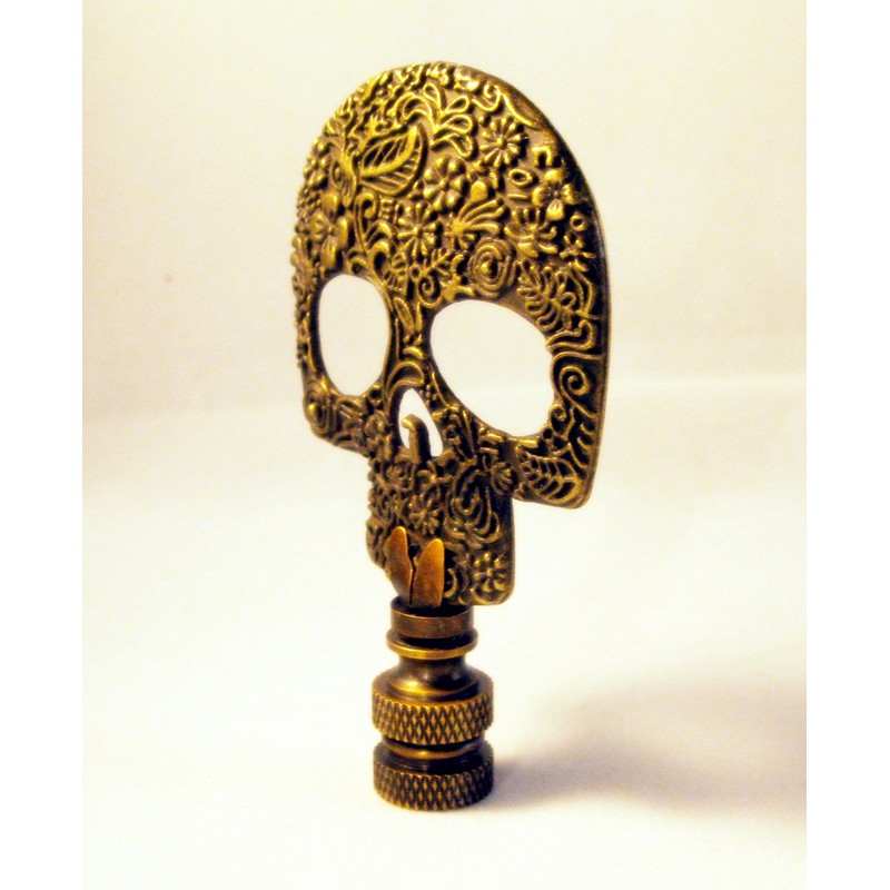 Lamp Finial-Aged Brass D.O.D. Skull on Aged Brass Base