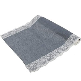 BambooMN Grey 15" x 88" Vintage Lace Burlap Table Runner for Rustic Wedding Bridal Shower Bachelorette Graduation Party Table Home Decor Decorations, 30 Pieces